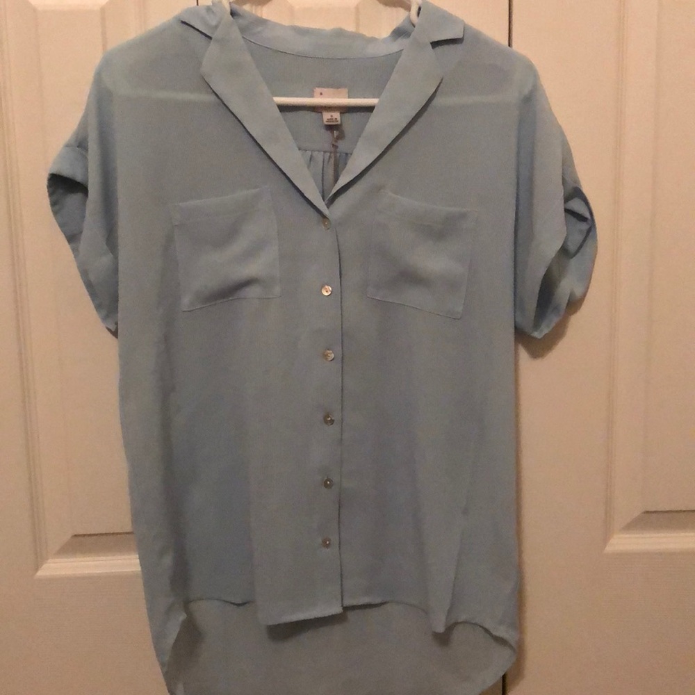 Blue short sleeved button up blouse